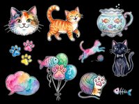 Colorful cat and pet-themed illustrations isolated on transparent background, ready for t-shirt designs, stickers, clipart, sublimation, and print-on-demand products.
