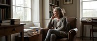 Middle-aged woman with gray hair and fair complexion, wearing casual beige cardigan, sitting thoughtfully in leather armchair in sunlit home library with bookshelves, wooden desk, and large windows.