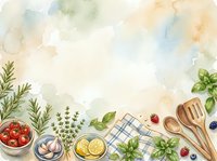 Watercolor kitchen background with herbs, tomatoes, lemon, garlic, wooden spoons and copy space for culinary design projects.