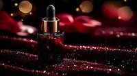 Luxurious red glass dropper bottle with essential oil or serum on dark glittery background with bokeh lights and silk fabric, beauty product photography.