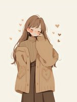 Cute anime girl with long brown hair wearing cozy beige cardigan and turtleneck sweater, surrounded by heart shapes on soft beige background.