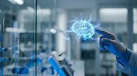 Close-up of gloved hand touching glowing blue brain hologram in modern laboratory setting, representing artificial intelligence, neuroscience research, and innovation.