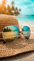 Sunglasses reflecting a tropical beach with summer written in sand, resting on a straw hat by the sea, evoking vacation and travel vibes.