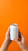 Hands holding blank white aluminum can with condensation against vibrant orange background for beverage branding and packaging mockups.