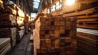 Stacked wooden lumber beams in warehouse with natural sunlight streaming through windows, creating warm industrial atmosphere. Raw materials for construction.