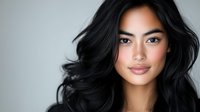 Young Asian woman with flowing black hair and natural makeup smiling softly against light gray background, showcasing healthy glowing skin and modern beauty look.