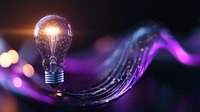 Glowing light bulb with purple neon wave effect on dark background, creative energy concept with luminous flowing lines and bokeh lights.