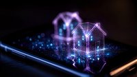 Glowing holographic houses emerging from digital tablet screen with neon purple and blue light effects, futuristic real estate technology concept.