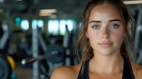 Young athletic Caucasian woman with blue eyes and natural makeup wearing black tank top at fitness center, looking directly at camera with confident smile.