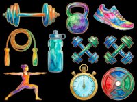 Fitness equipment collection with dumbbells, kettlebell, running shoe, jump rope, water bottle, dumbbells, exercising woman, stopwatch and weight plate isolated on transparent background for t-shirt design, clipart and print-on-demand.