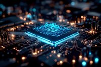 Glowing microprocessor on circuit board with blue light effect and bokeh, modern computing technology concept for semiconductor and electronics industry.