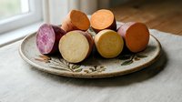 Colorful sliced root vegetables including sweet potato, beet, and turnip arranged on rustic ceramic plate for healthy cooking and meal preparation.