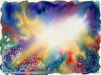 Vibrant watercolor background with radiating light burst center, surrounded by colorful gradient washes in blue, purple, yellow, red and green tones, decorated with ornamental floral flourishes and swirling botanical elements along borders, suitable for creative design projects and artistic compositions.