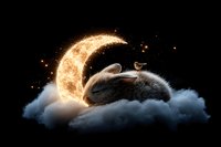 Sleeping gray bunny on fluffy cloud with glowing crescent moon and magical sparkles against dark night sky background, dreamy fantasy composition.