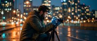 Male photographer with beard capturing city skyline at night using professional camera on tripod with bokeh lights creating atmospheric urban scene.