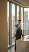 Professional male lawyer in modern office examining digital justice scales hologram by floor-to-ceiling windows with city skyline background.