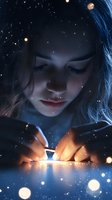Young woman with closed eyes in mystical night atmosphere looking down at glowing magical light between her hands surrounded by sparkles and bokeh effects.