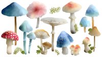 Watercolor mushrooms collection in soft pastel colors with delicate pine branches, featuring amanita, toadstools and forest fungi arranged in artistic composition.