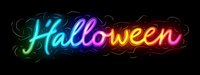 Glowing multicolored neon Halloween text effect on black background with magical sparkle elements and smoke effects. Suitable for seasonal holiday designs.