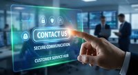 Hand touching transparent digital interface with contact us button and security icons in modern office environment for business communication solutions.