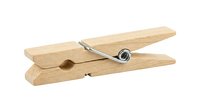 Wooden clothespin with metal spring mechanism isolated on white background, ready for laundry, crafts, and household use applications.