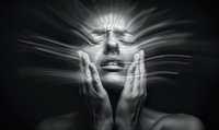 Surreal monochrome portrait of woman with closed eyes and raised hands, light rays emanating from face suggesting spiritual awakening or consciousness transformation.