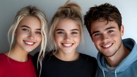Young diverse friends smiling together against gray wall. Genuine joyful expressions show authentic connection and friendship. Modern casual style for lifestyle content.