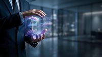 Businessman holding holographic data analytics dashboard with charts and graphs in modern office environment for business intelligence presentations.