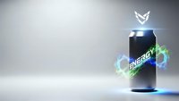 Energy drink can with glowing electric effects and lightning bolts on neutral background for sports nutrition and beverage marketing campaigns.
