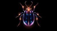 Luminous beetle with glowing neon effect on black background, featuring vibrant blue and purple colors with orange highlights. Decorative insect art for modern design projects.