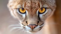 Close up portrait of wild cat face with intense amber eyes, detailed view of feline nose and whiskers against blurred background, dramatic wildlife photography.