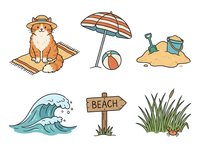 Cute ginger cat on beach towel, striped umbrella with beach ball, sand pile with bucket and shovel, ocean wave, wooden beach sign, coastal grass with seashell isolated on white background.