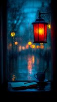 Cozy evening scene with red lantern, coffee cup and open book on windowsill against rainy window background with blurred city lights creating atmospheric mood.