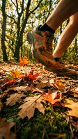 Runner in orange and green trail shoe stepping on autumn leaves on forest path with trees and fall foliage in background, suitable for sports and outdoor activity marketing.