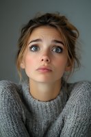 Young Caucasian woman with blue eyes and messy updo hairstyle wearing gray knit sweater shows worried expression while looking up against neutral background.