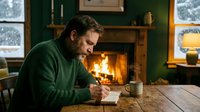 Middle-aged Caucasian man in green sweater writing in notebook by cozy fireplace in rustic cabin interior during winter evening for lifestyle content.