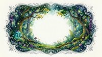 Enchanted forest frame with lush green foliage, ferns and mystical vines creating ornate border. Fantasy nature design for invitations, cards and decorative projects.