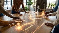 Business team collaborating around conference table with glowing digital transformation pathway showing adaptation, performance, integration concepts in modern office.