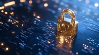 Golden padlock on circuit board with glowing lights and bokeh effects, representing digital security, data protection, and cybersecurity in technology background.