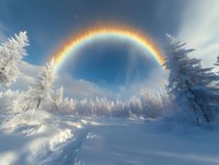 Magical winter landscape with rainbow arc over snow-covered forest. Frozen trees covered in white frost against bright blue sky create ethereal natural scenery.