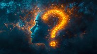 Glowing question mark merging with human profile silhouette against dark background, orange and blue energy particles creating mysterious mind concept effect.