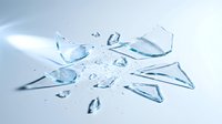 Shattered glass fragments and splinters scattered on white surface with water droplets, depicting impact and breakage for design projects.