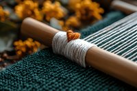 Handmade weaving loom with green wool yarn and white thread wrapped around wooden shuttle, decorated with dried orange flowers on dark textile background.