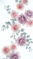 Watercolor floral pattern with pink roses, purple peonies and eucalyptus leaves on white background for wedding invitations, greeting cards and textile design.