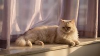 Fluffy orange tabby cat relaxing on sunny windowsill with soft curtains creating warm morning light atmosphere for home decor and pet lifestyle content.