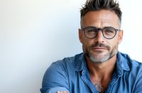 Confident mature man with gray hair and stylish glasses wearing casual denim shirt poses against white background, expressing wisdom and authenticity.