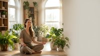 Young woman meditating in lotus position surrounded by houseplants in bright modern living room with natural light for wellness and mindfulness practice.