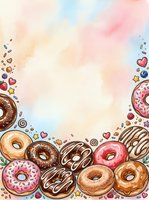 Assorted glazed and frosted donuts with sprinkles arranged on watercolor background with hearts and stars, suitable for bakery menus, cafe designs, and food-related marketing materials.