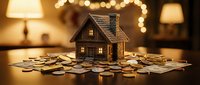 Miniature wooden house model surrounded by scattered money bills on table with warm bokeh lights creating cozy investment planning atmosphere.