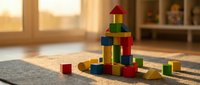 Colorful wooden building blocks stacked into a tower structure on a carpet in a sunlit playroom, with scattered blocks nearby, suitable for educational and toy marketing content.